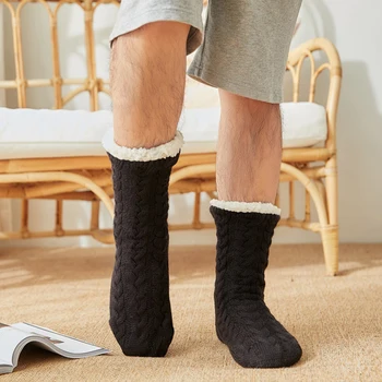 Топлинна чорапи Мъжки Зимни топли Домашни Меки мъжки памучни Сгъстено плюс Velvet Спален Противоскользящий заснемане на Кратък чорап за тапочек