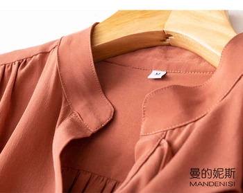 Дамски коприна тутового коприна, Креп Коприна Оранжеви копчета с къдри риза с дълъг ръкав Топ блуза с яка офис работа M, L, XL, M164