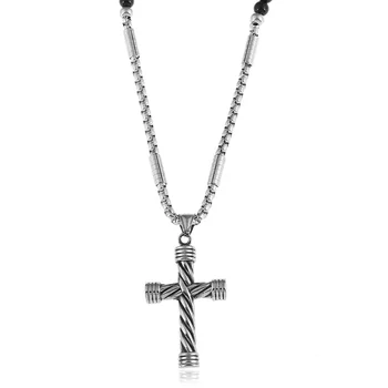 Мъжки Религиозно Колие от Неръждаема Стомана с Голям Кръст с черен огърлица от мъниста от естествен камък-27 инча