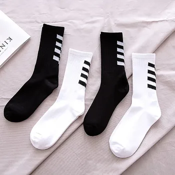 Дишащи мъжки Спортни чорапи, Чорапи със Средна Дължина, райе с дълъг модел Сокс Уличен Стил Памук, Черно/Бяло 1 чифт