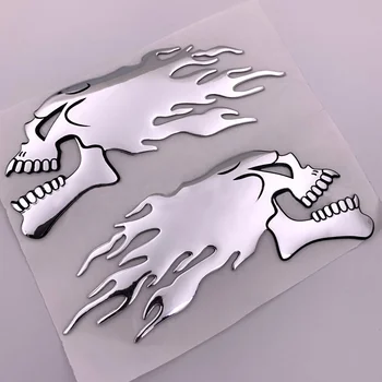 2 бр./Чифт Сребърен огън 3D Призрак Череп Глава 3D пламък череп Мека стикер Авто Мотор Стикер на Кола, Емблемата на Етикети Аксесоари