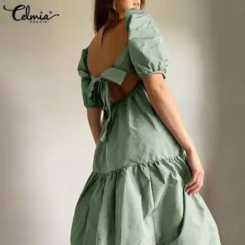 Женското сексуално midi-рокля с отворен гръб Celmia 2021, монофонични с пищни ръкави, носи вратовръзка, сарафан, Лятна Ежедневна мода, квадратен яка, свободни рокли