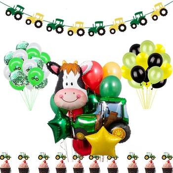 1 Компл. Зелен Трактор Балон Ферма Тема Бебета честит Рожден Ден Банер Автомобил, Трактор, Балони за Декорация Рожден Ден
