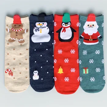 4 Двойки от мъжки на женски Памучни Коледни Чорапи от картун Сладък Дядо Коледа Лосове Сняг Забавен Чорап Щастлив Зимата Коледни Чорапи Коледен подарък
