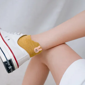 Anewmorn Сладък заек Корейски стил памучни дамски чорапи на ток с малък ухото Ежедневни дамски чорапи Сокс Kawaii Мультяшные модни чорапи с ниска шнорхел