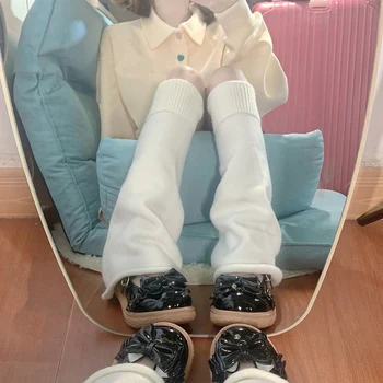 Японски Кавайные бели зимни чорапи за краката в стил Лолита, меки чорапи за момичета Harajuku, без калъф за краката, Разкроена високи гамаши crochet