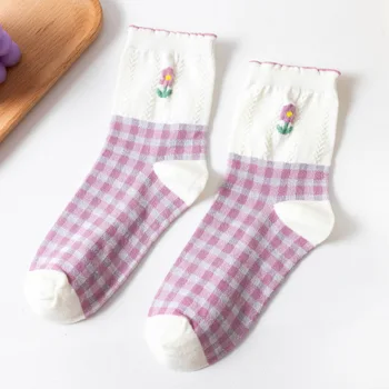 Есенни Нови чорапи с цветя и къдри от мрежа, памучни лилави чорапи в етнически стил, женски японски чорапи със средна дължина, дамски чорапи Kawaii