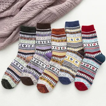 Вълна 1 чифт Дебели Произволни цветове Дамски чорапи със средна дължина, Чорапи за жени Есен Зима Ретро Стил Коледен подарък Мека