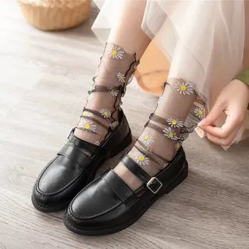 Сладък цветен дамски чорапи Корейски тънки прозрачни чорапи с цветя за момичета Дамска мода Шифоновая окото Дишаща Тюл Дълги чорапи