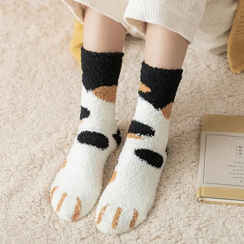 Зимни дамски чорапи с кошачьими нокти За момичета Зимни дебели и топли чорапи Щастливи И забавни чорапи в корейски стил Чорапи с мультяшными чорапи