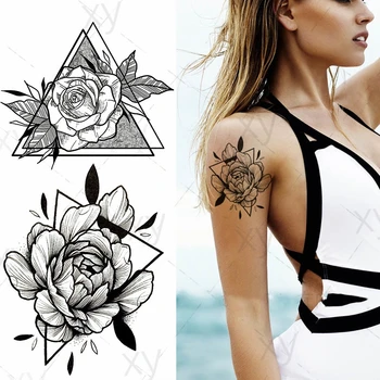 Временни Татуировки Етикети Черно Прехвърляне на Вода за Жени, Водоустойчиви Цветя Рози Стикер върху Тялото на Момичето Мъжете