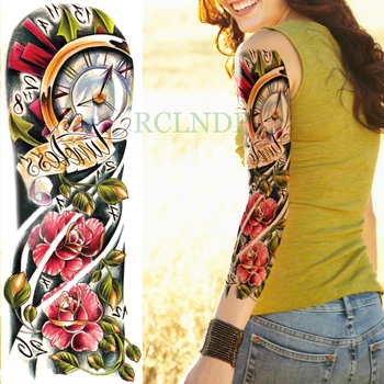 Водоустойчив Временна татуировка стикер часовници рози цвете пълна ръка фалшива татуировка флаш татуировка ръкав голям размер за момичета жените дама