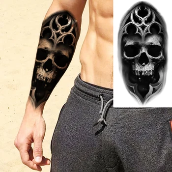 3D Хелоуин Страшен Скелет Реалистична Черна Главата на Черепа Временни Татуировки За Мъже Възрастен Лъв Рози Цвете Фалшива Татуировка Паста