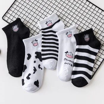 5 Чифта чорапи с принтом крави Дамски чорапи Kawaii Calcetines Летни сладки бели чорапи дишащи райе Мека улични чорапи Sokken