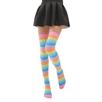 Зимни дамски чорапи Памучни райета с Преливащи се цветове Цветна, Секси забавни Коледни Чорапи до бедрото, Подаръци Harajuku Лолита Cosplay